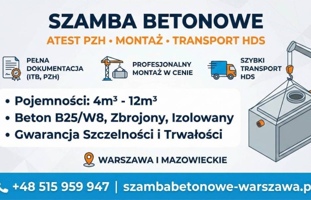 Szamba Betonowe Warszawa Atest PZH, Montaż, Transport HDS